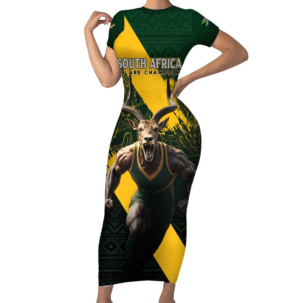 Personalised South Africa Rugby Short Sleeve Bodycon Dress Proud Bokke We Are Champions