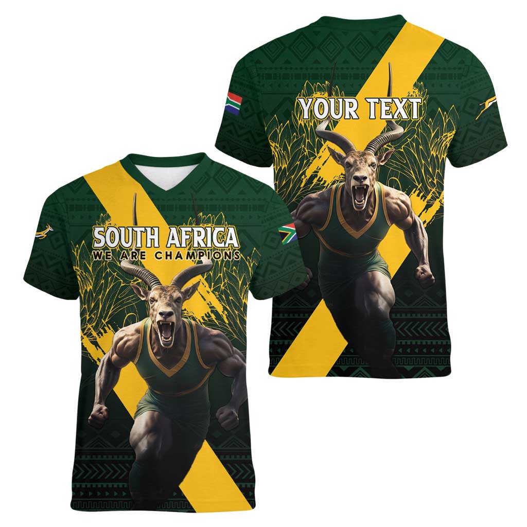 Personalised South Africa Rugby Women V-Neck T-Shirt Proud Bokke We Are Champions