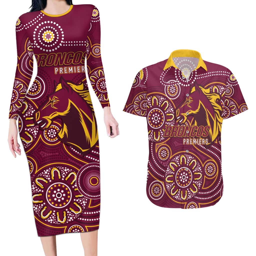 Brisbane Rugby NRL Custom Indigenous Couples Matching Long Sleeve Bodycon Dress and Hawaiian Shirt The Mighty Broncos - Aussie Hoodie