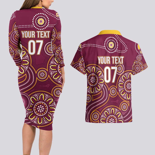 Brisbane Rugby NRL Custom Indigenous Couples Matching Long Sleeve Bodycon Dress and Hawaiian Shirt The Mighty Broncos - Aussie Hoodie
