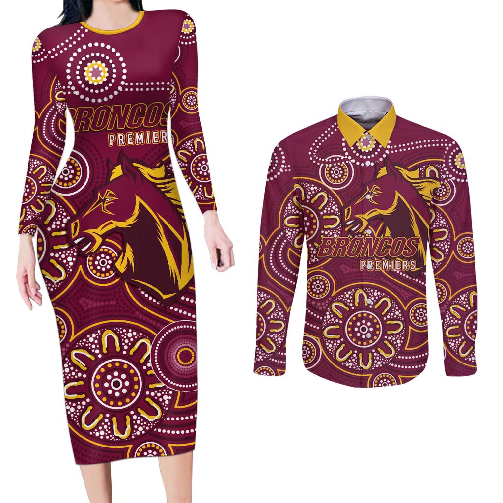 Brisbane Rugby NRL Custom Indigenous Couples Matching Long Sleeve Bodycon Dress and Long Sleeve Button Shirt The Mighty Broncos - Aussie Hoodie