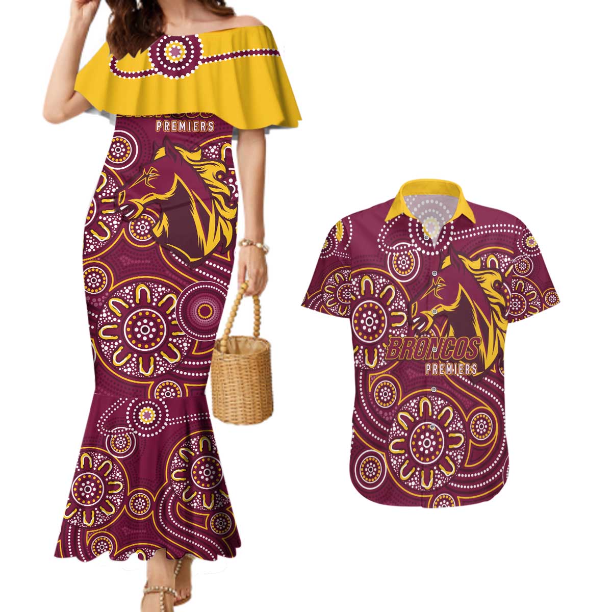 Brisbane Rugby NRL Custom Indigenous Couples Matching Mermaid Dress and Hawaiian Shirt The Mighty Broncos - Aussie Hoodie