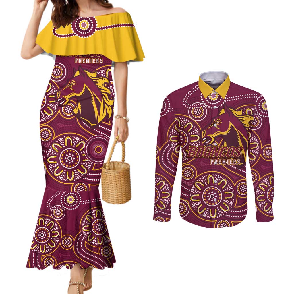 Brisbane Rugby NRL Custom Indigenous Couples Matching Mermaid Dress and Long Sleeve Button Shirt The Mighty Broncos - Aussie Hoodie