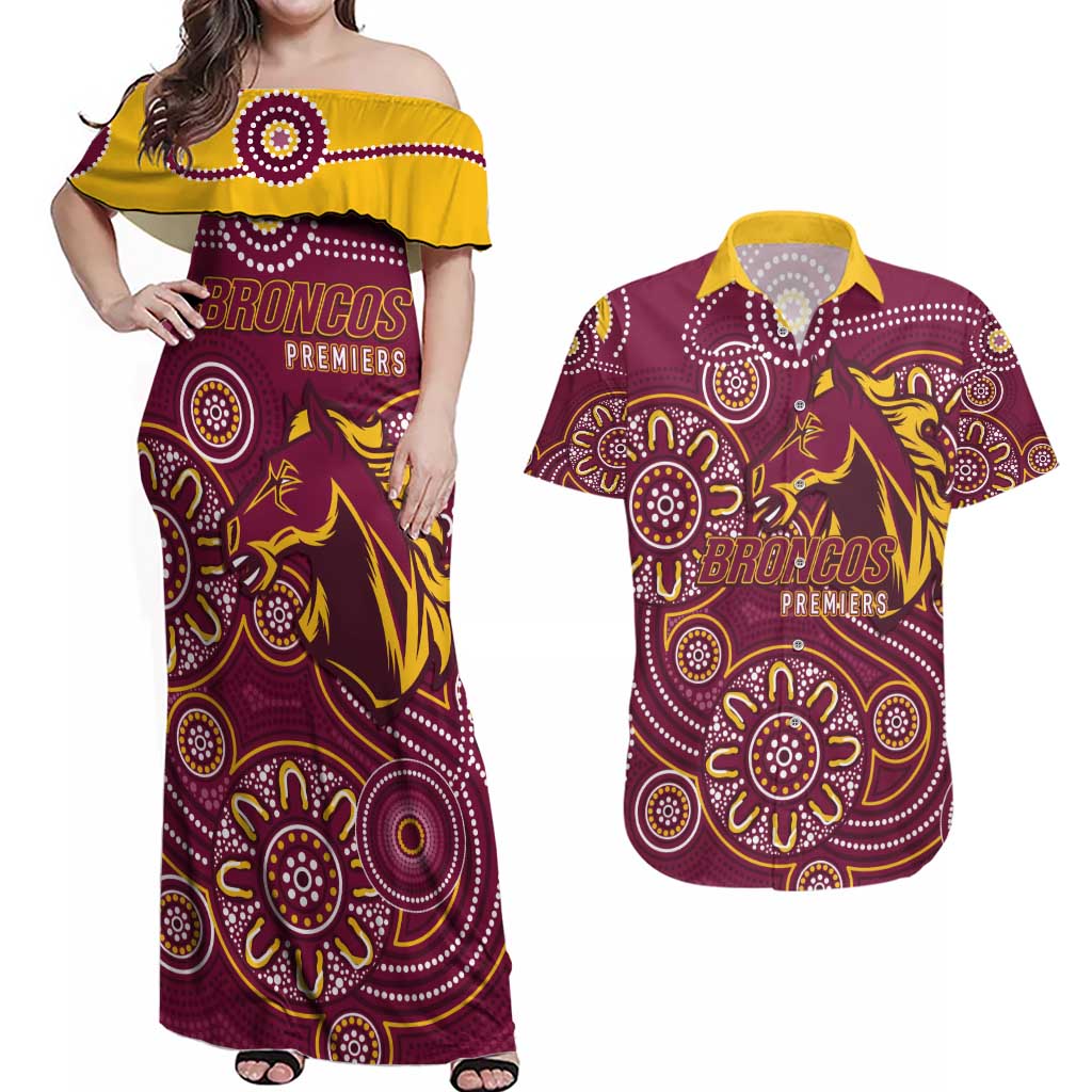 Brisbane Rugby NRL Custom Indigenous Couples Matching Off Shoulder Maxi Dress and Hawaiian Shirt The Mighty Broncos - Aussie Hoodie