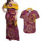 Brisbane Rugby NRL Custom Indigenous Couples Matching Off Shoulder Maxi Dress and Hawaiian Shirt The Mighty Broncos - Aussie Hoodie