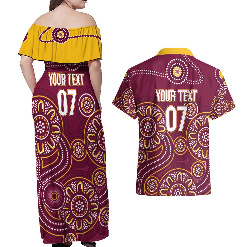 Brisbane Rugby NRL Custom Indigenous Couples Matching Off Shoulder Maxi Dress and Hawaiian Shirt The Mighty Broncos - Aussie Hoodie