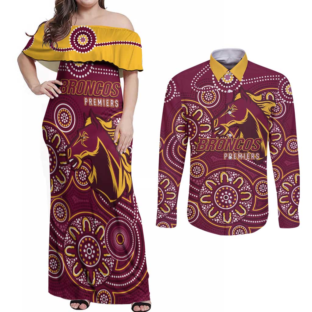 Brisbane Rugby NRL Custom Indigenous Couples Matching Off Shoulder Maxi Dress and Long Sleeve Button Shirt The Mighty Broncos - Aussie Hoodie
