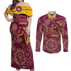 Brisbane Rugby NRL Custom Indigenous Couples Matching Off Shoulder Maxi Dress and Long Sleeve Button Shirt The Mighty Broncos - Aussie Hoodie