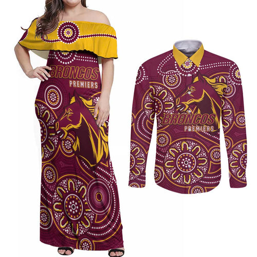 Brisbane Rugby NRL Custom Indigenous Couples Matching Off Shoulder Maxi Dress and Long Sleeve Button Shirt The Mighty Broncos - Aussie Hoodie