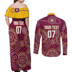 Brisbane Rugby NRL Custom Indigenous Couples Matching Off Shoulder Maxi Dress and Long Sleeve Button Shirt The Mighty Broncos - Aussie Hoodie