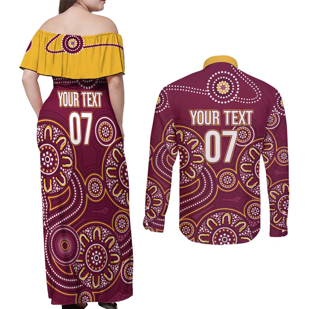 Brisbane Rugby NRL Custom Indigenous Couples Matching Off Shoulder Maxi Dress and Long Sleeve Button Shirt The Mighty Broncos - Aussie Hoodie