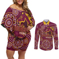 Brisbane Rugby NRL Custom Indigenous Couples Matching Off Shoulder Short Dress and Long Sleeve Button Shirt The Mighty Broncos - Aussie Hoodie