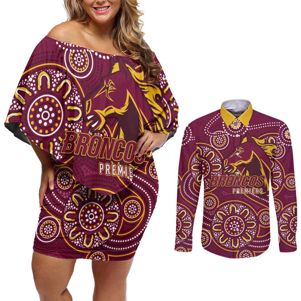 Brisbane Rugby NRL Custom Indigenous Couples Matching Off Shoulder Short Dress and Long Sleeve Button Shirt The Mighty Broncos - Aussie Hoodie