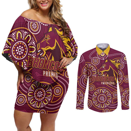 Brisbane Rugby NRL Custom Indigenous Couples Matching Off Shoulder Short Dress and Long Sleeve Button Shirt The Mighty Broncos - Aussie Hoodie