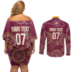 Brisbane Rugby NRL Custom Indigenous Couples Matching Off Shoulder Short Dress and Long Sleeve Button Shirt The Mighty Broncos - Aussie Hoodie