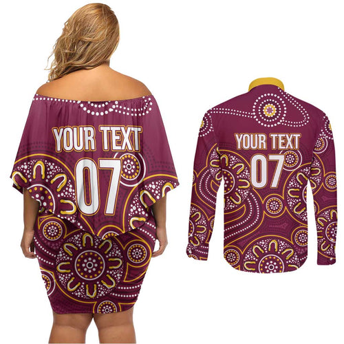 Brisbane Rugby NRL Custom Indigenous Couples Matching Off Shoulder Short Dress and Long Sleeve Button Shirt The Mighty Broncos - Aussie Hoodie