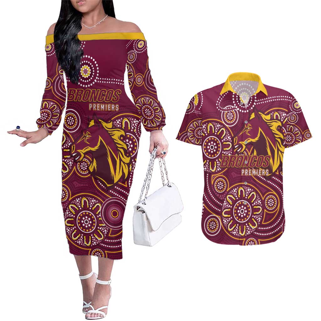 Brisbane Rugby NRL Custom Indigenous Couples Matching Off The Shoulder Long Sleeve Dress and Hawaiian Shirt The Mighty Broncos - Aussie Hoodie