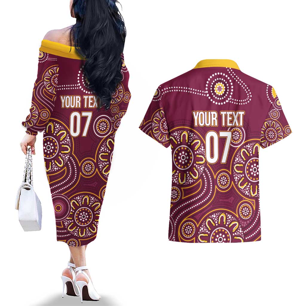 Brisbane Rugby NRL Custom Indigenous Couples Matching Off The Shoulder Long Sleeve Dress and Hawaiian Shirt The Mighty Broncos - Aussie Hoodie