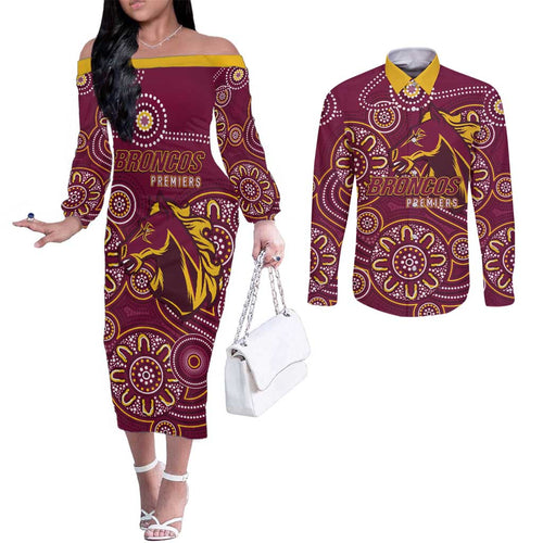 Brisbane Rugby NRL Custom Indigenous Couples Matching Off The Shoulder Long Sleeve Dress and Long Sleeve Button Shirt The Mighty Broncos - Aussie Hoodie