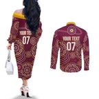 Brisbane Rugby NRL Custom Indigenous Couples Matching Off The Shoulder Long Sleeve Dress and Long Sleeve Button Shirt The Mighty Broncos - Aussie Hoodie