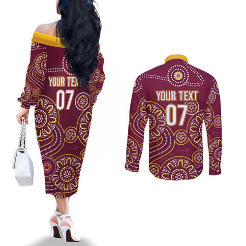 Brisbane Rugby NRL Custom Indigenous Couples Matching Off The Shoulder Long Sleeve Dress and Long Sleeve Button Shirt The Mighty Broncos - Aussie Hoodie