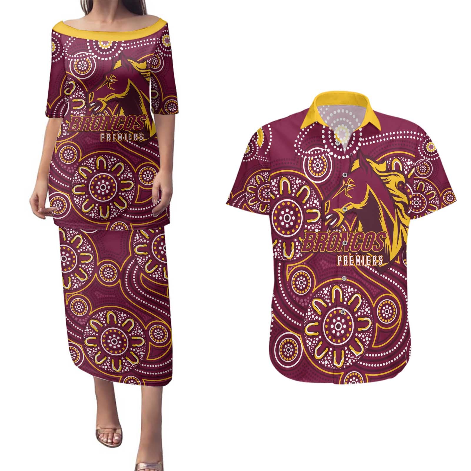 Brisbane Rugby NRL Custom Indigenous Couples Matching Puletasi and Hawaiian Shirt The Mighty Broncos - Aussie Hoodie