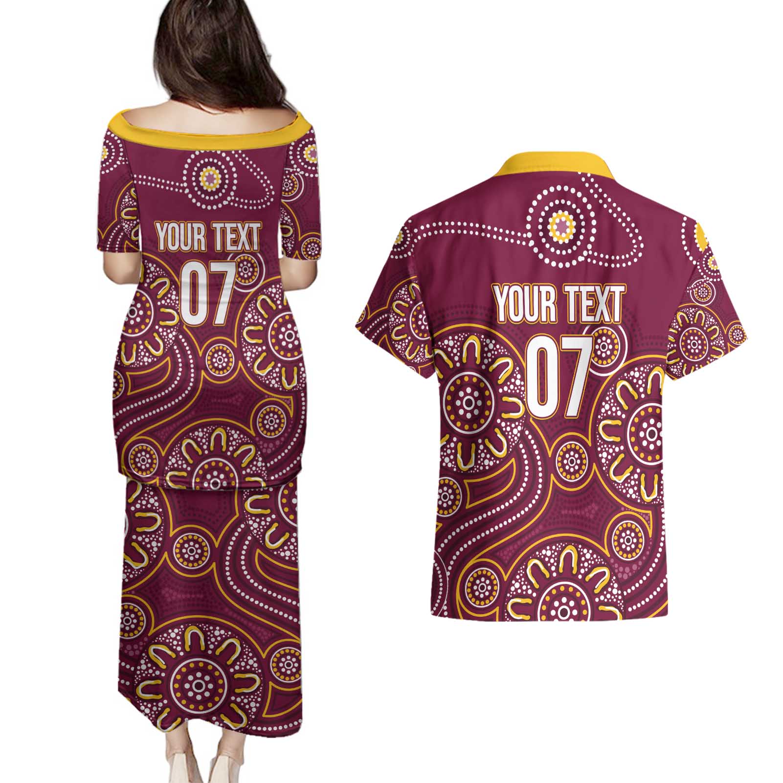 Brisbane Rugby NRL Custom Indigenous Couples Matching Puletasi and Hawaiian Shirt The Mighty Broncos - Aussie Hoodie