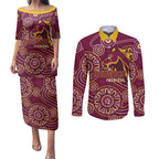 Brisbane Rugby NRL Custom Indigenous Couples Matching Puletasi and Long Sleeve Button Shirt The Mighty Broncos - Aussie Hoodie
