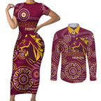 Brisbane Rugby NRL Custom Indigenous Couples Matching Short Sleeve Bodycon Dress and Long Sleeve Button Shirt The Mighty Broncos - Aussie Hoodie