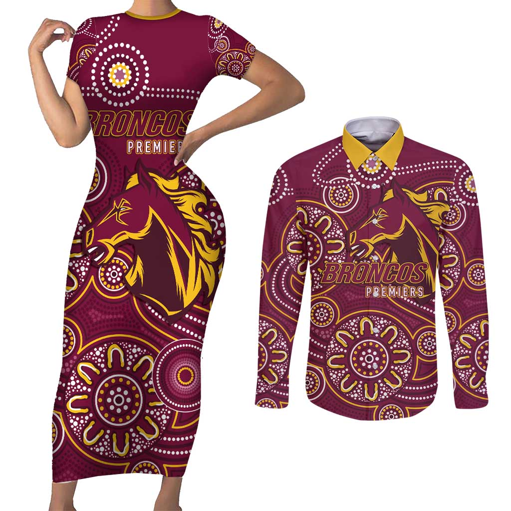 Brisbane Rugby NRL Custom Indigenous Couples Matching Short Sleeve Bodycon Dress and Long Sleeve Button Shirt The Mighty Broncos - Aussie Hoodie