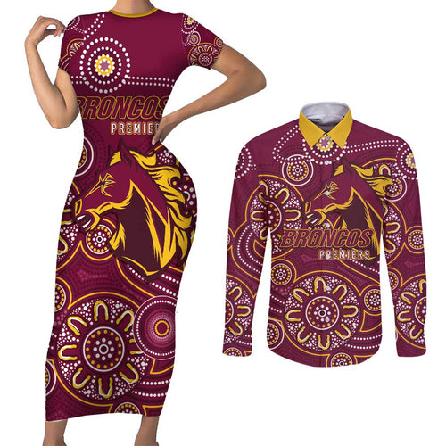 Brisbane Rugby NRL Custom Indigenous Couples Matching Short Sleeve Bodycon Dress and Long Sleeve Button Shirt The Mighty Broncos - Aussie Hoodie