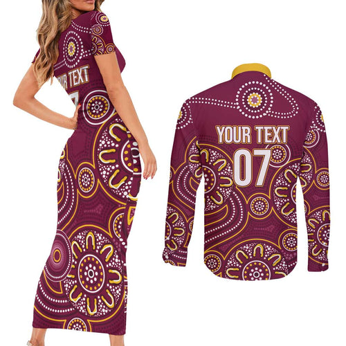 Brisbane Rugby NRL Custom Indigenous Couples Matching Short Sleeve Bodycon Dress and Long Sleeve Button Shirt The Mighty Broncos - Aussie Hoodie