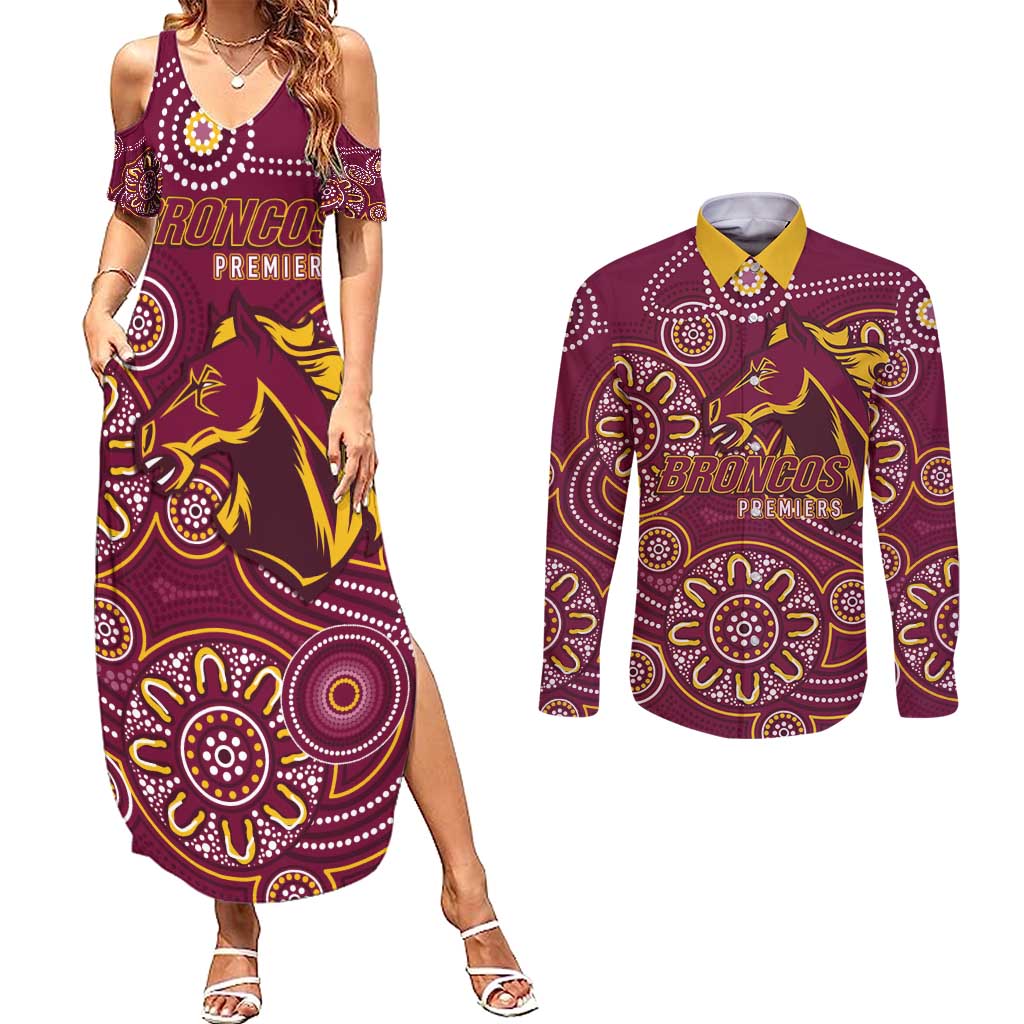 Brisbane Rugby NRL Custom Indigenous Couples Matching Summer Maxi Dress and Long Sleeve Button Shirt The Mighty Broncos - Aussie Hoodie