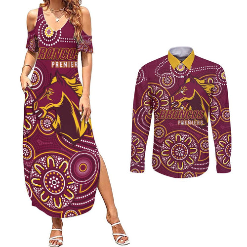 Brisbane Rugby NRL Custom Indigenous Couples Matching Summer Maxi Dress and Long Sleeve Button Shirt The Mighty Broncos - Aussie Hoodie