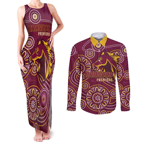 Brisbane Rugby NRL Custom Indigenous Couples Matching Tank Maxi Dress and Long Sleeve Button Shirt The Mighty Broncos - Aussie Hoodie