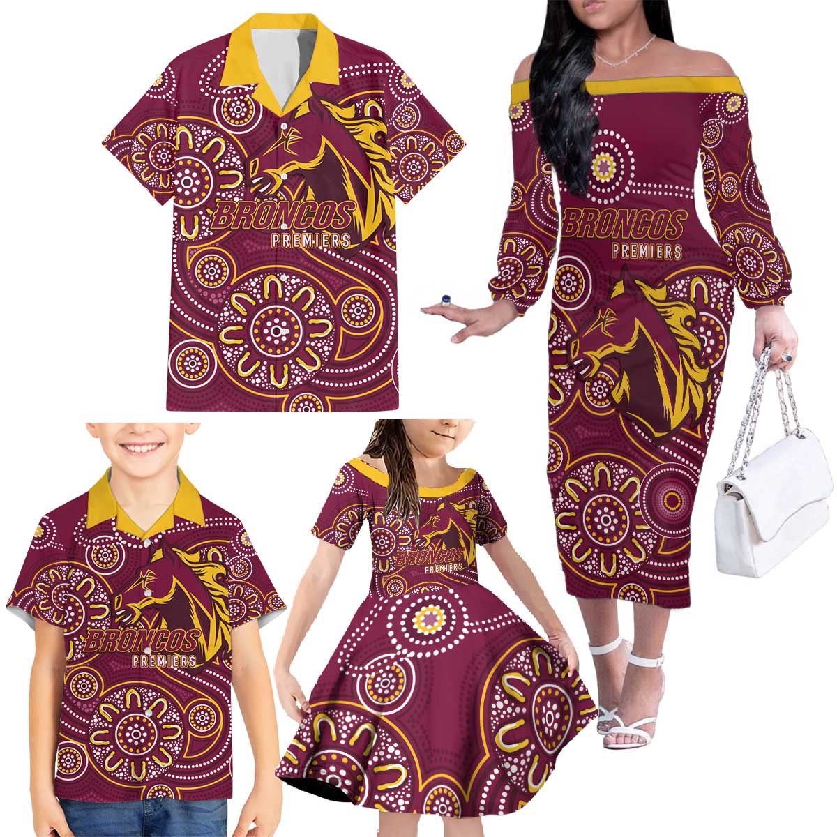 Brisbane Rugby NRL Custom Indigenous Family Matching Off The Shoulder Long Sleeve Dress and Hawaiian Shirt The Mighty Broncos - Aussie Hoodie