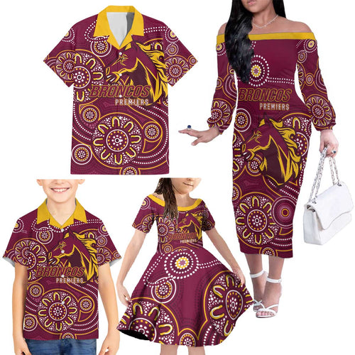 Brisbane Rugby NRL Custom Indigenous Family Matching Off The Shoulder Long Sleeve Dress and Hawaiian Shirt The Mighty Broncos - Aussie Hoodie