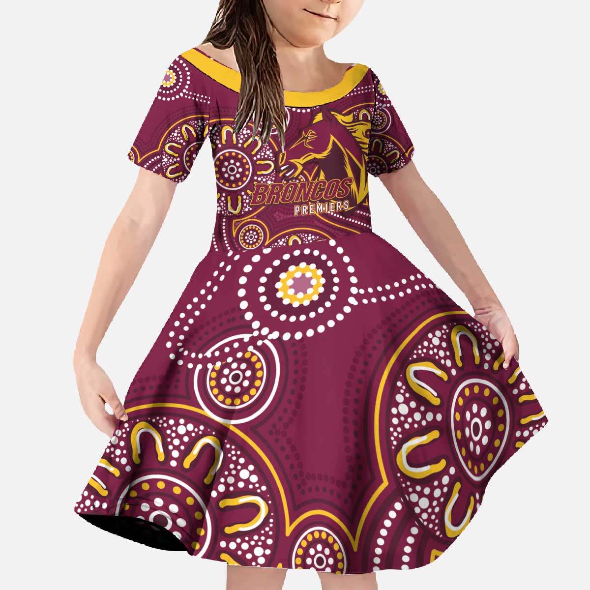 Brisbane Rugby NRL Custom Indigenous Family Matching Off The Shoulder Long Sleeve Dress and Hawaiian Shirt The Mighty Broncos - Aussie Hoodie