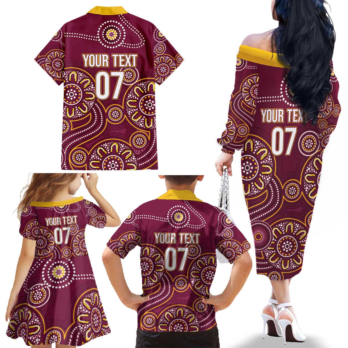 Brisbane Rugby NRL Custom Indigenous Family Matching Off The Shoulder Long Sleeve Dress and Hawaiian Shirt The Mighty Broncos - Aussie Hoodie