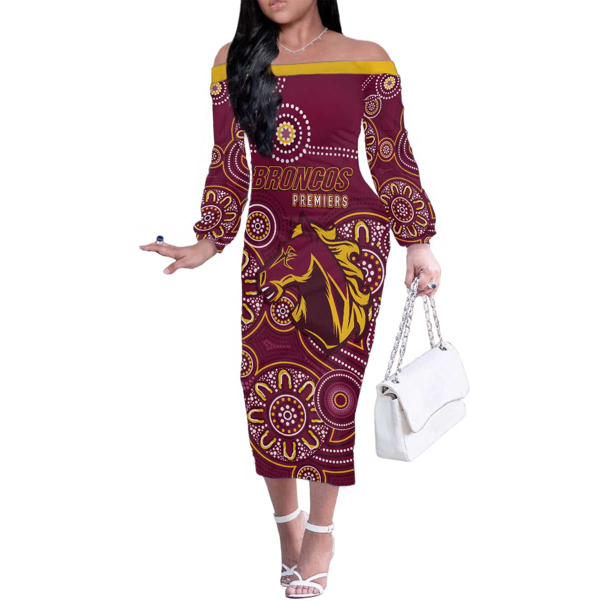 Brisbane Rugby NRL Custom Indigenous Family Matching Off The Shoulder Long Sleeve Dress and Hawaiian Shirt The Mighty Broncos - Aussie Hoodie