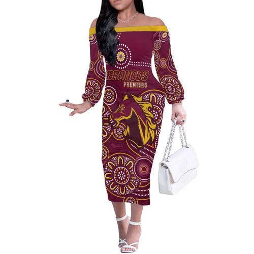 Brisbane Rugby NRL Custom Indigenous Family Matching Off The Shoulder Long Sleeve Dress and Hawaiian Shirt The Mighty Broncos - Aussie Hoodie