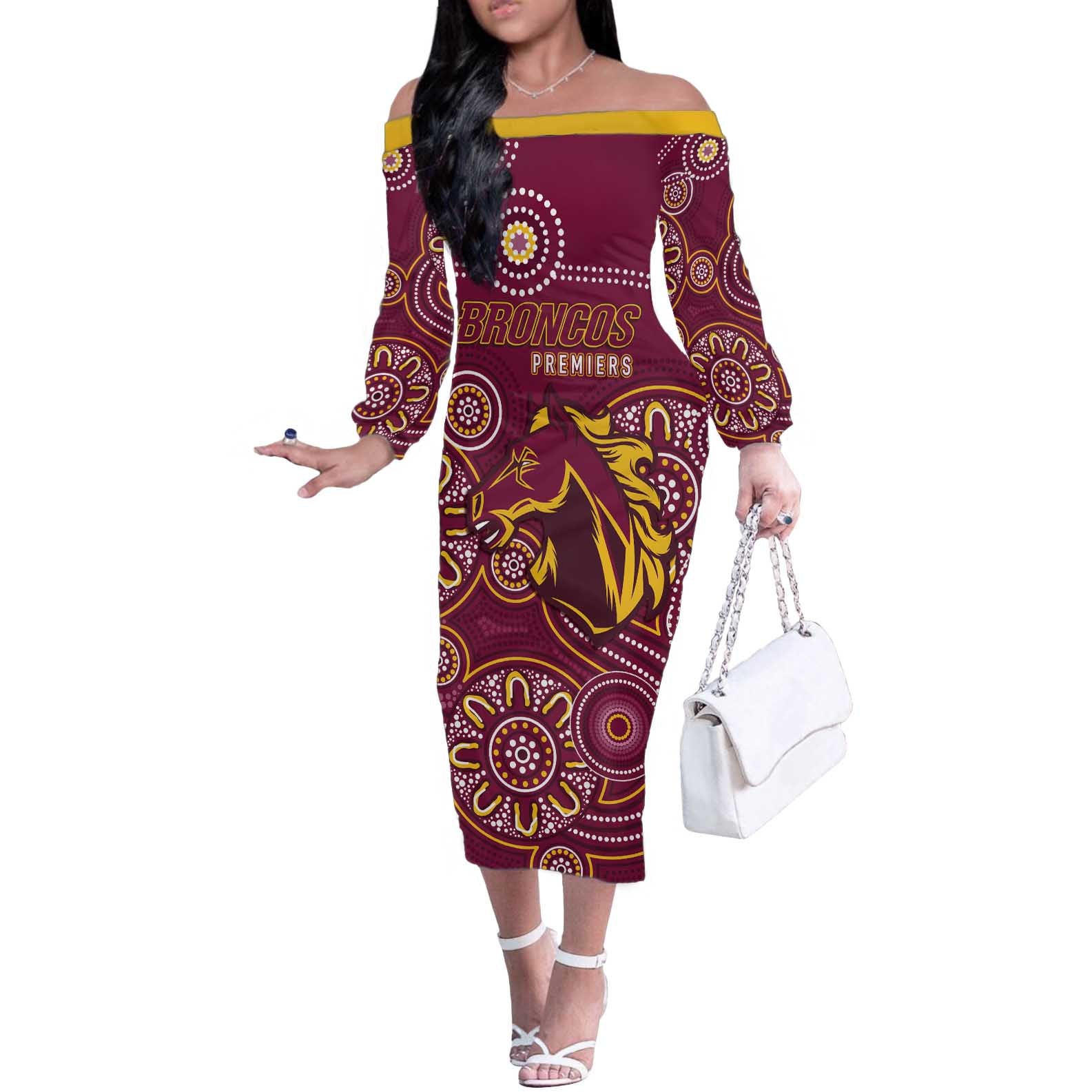 Brisbane Rugby NRL Custom Indigenous Off The Shoulder Long Sleeve Dress The Mighty Broncos - Aussie Hoodie