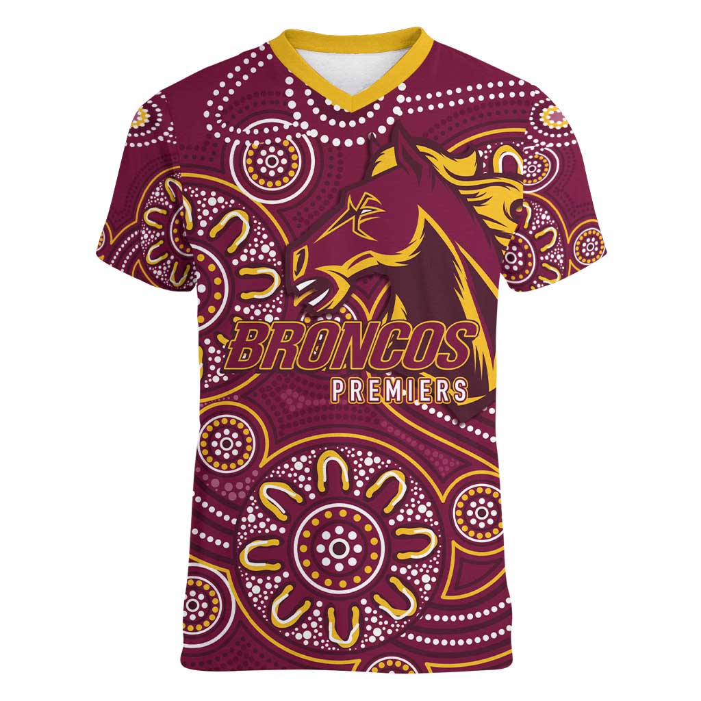 Brisbane Rugby NRL Custom Indigenous Women V-Neck T-Shirt The Mighty Broncos - Aussie Hoodie