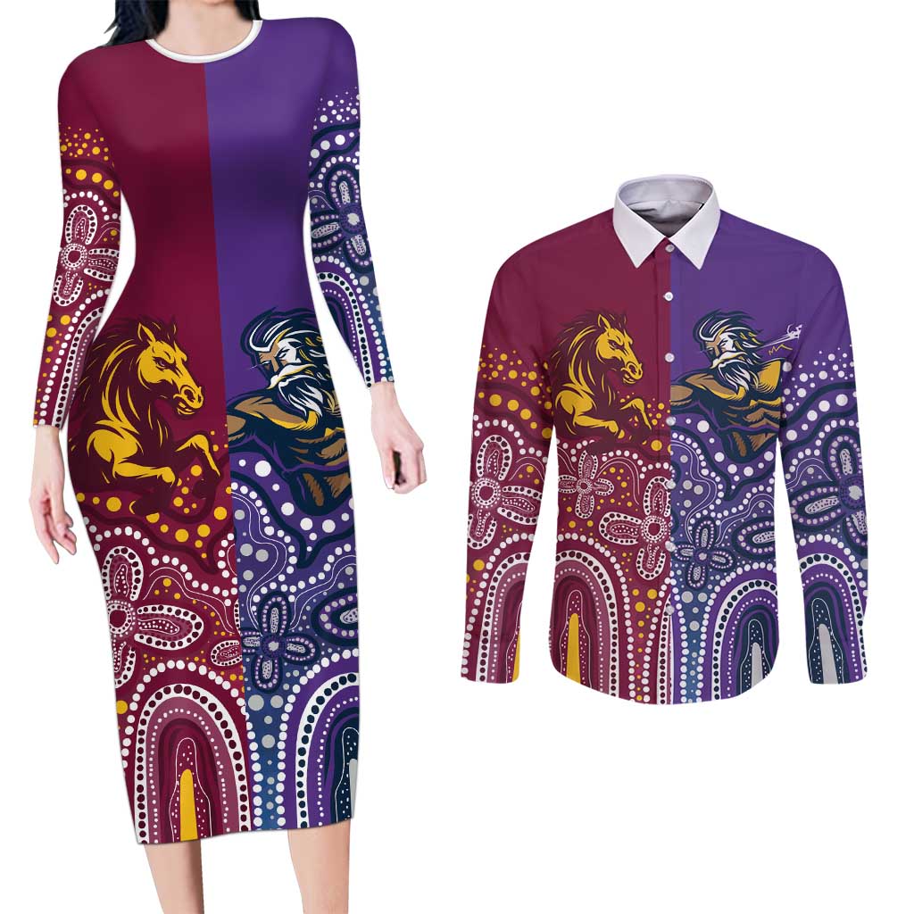 Broncos Vs Storm Rugby NRL Custom Indigenous Couples Matching Long Sleeve Bodycon Dress and Long Sleeve Button Shirt Fight To The Last - Aussie Hoodie