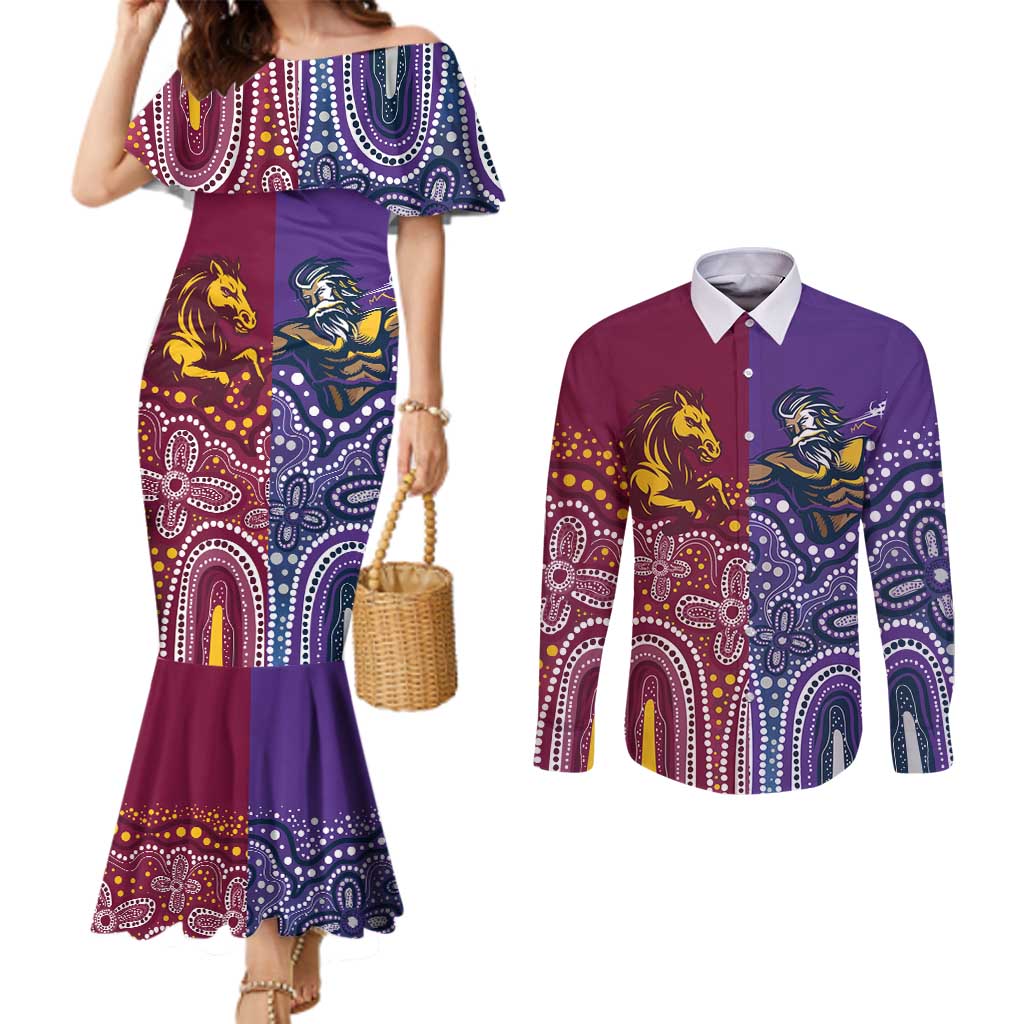 Broncos Vs Storm Rugby NRL Custom Indigenous Couples Matching Mermaid Dress and Long Sleeve Button Shirt Fight To The Last - Aussie Hoodie