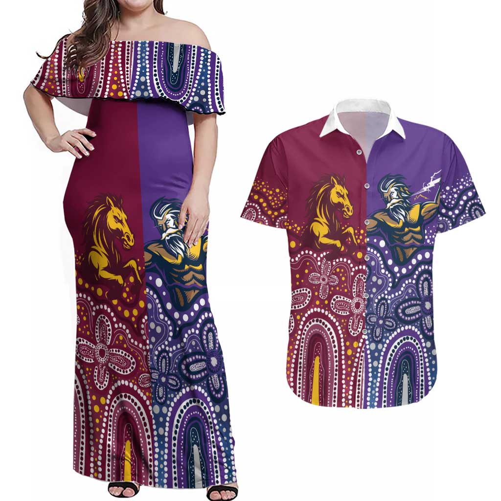 Broncos Vs Storm Rugby NRL Custom Indigenous Couples Matching Off Shoulder Maxi Dress and Hawaiian Shirt Fight To The Last - Aussie Hoodie