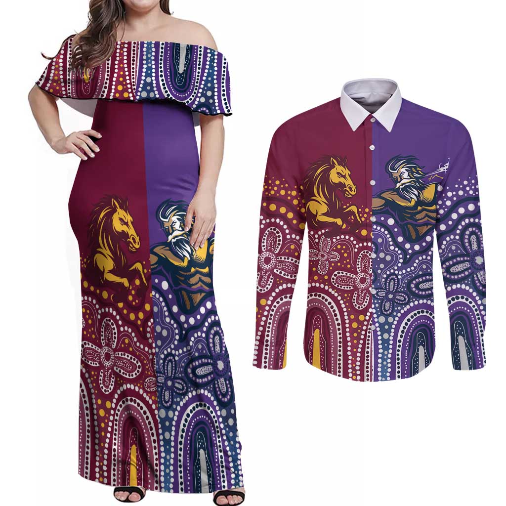 Broncos Vs Storm Rugby NRL Custom Indigenous Couples Matching Off Shoulder Maxi Dress and Long Sleeve Button Shirt Fight To The Last - Aussie Hoodie