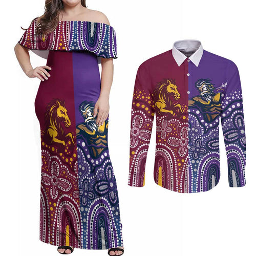 Broncos Vs Storm Rugby NRL Custom Indigenous Couples Matching Off Shoulder Maxi Dress and Long Sleeve Button Shirt Fight To The Last - Aussie Hoodie