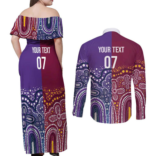 Broncos Vs Storm Rugby NRL Custom Indigenous Couples Matching Off Shoulder Maxi Dress and Long Sleeve Button Shirt Fight To The Last - Aussie Hoodie
