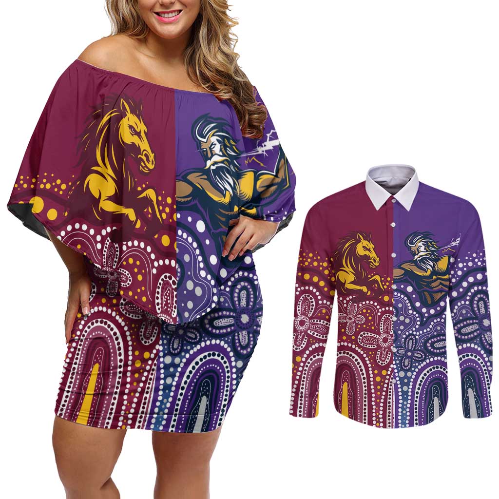 Broncos Vs Storm Rugby NRL Custom Indigenous Couples Matching Off Shoulder Short Dress and Long Sleeve Button Shirt Fight To The Last - Aussie Hoodie
